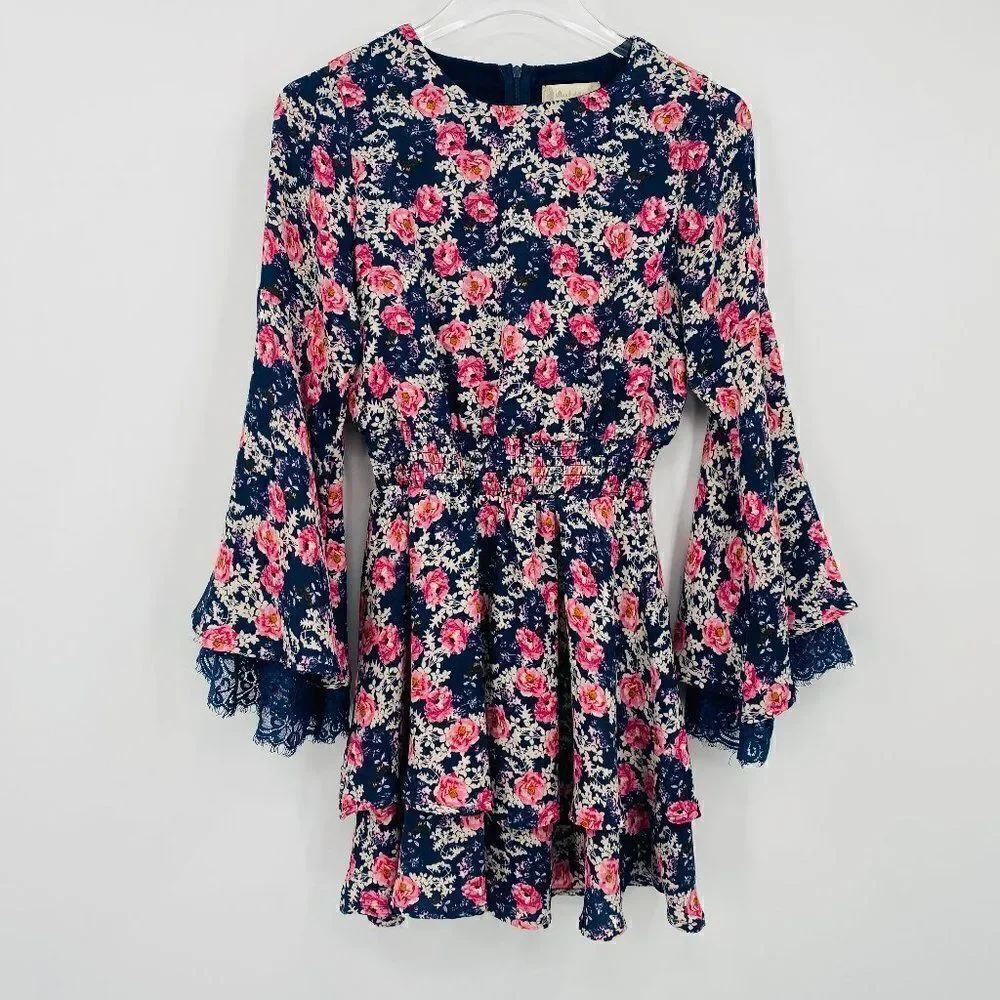 Altar'd State Size XS Navy Blue & Pink Floral Claudine Bell Sleeve Boho Dress - Picture 2 of 10